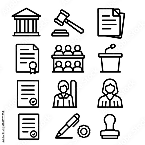 Legal Hearing outline icon set: courthouse pillar, judge mallet, open file, podium, microphone, contract page, jury panel, courtroom seats, court clerk, verdict paper, pen,