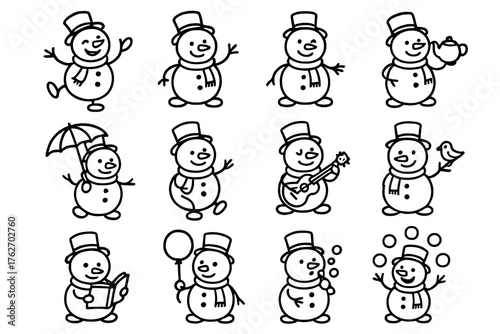 Whimsical Snowmen outline icon set: dancing snowman, winking snowman, snowman with teapot, snowman with umbrella, snowman on unicycle, snowman playing guitar, snowman reading book,