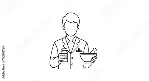 Pharmacist preparing medicine with mortar and pestle a simple outline silhouette