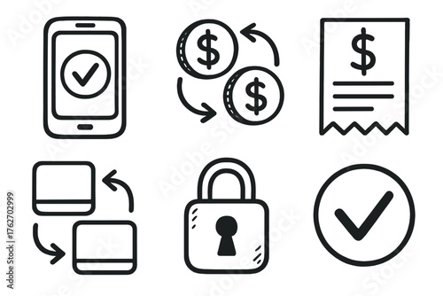 Digital Transactions set of icons in doodle hand-drawn vector style: payment confirmation, money exchange, receipt icon, transaction flow, encryption lock, success checkmark.