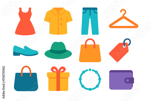 Wardrobe Update flat icons: dress, shirt, jeans, hanger, shoe, hat, shopping bag, price tag, tote, gift box, bracelet, wallet.