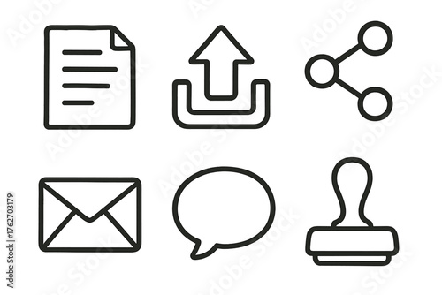 Document Sharing set of icons in doodle hand-drawn vector style: paper file, upload arrow, share button, email icon, comment bubble, approval stamp.