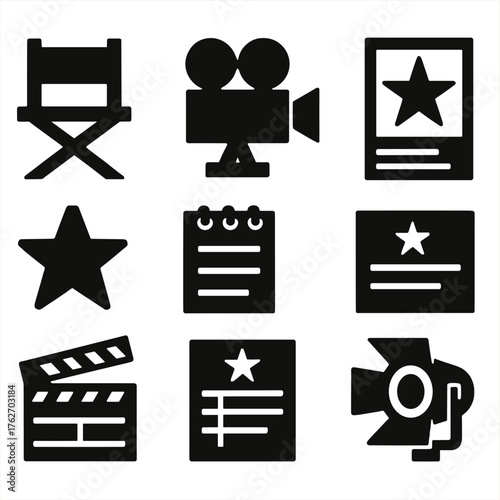 Film Enthusiasts silhouette set: director chair, film camera, review star, movie poster, clapperboard, notepad, rating chart, spotlight.