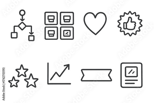 Product Recommendations set of icons in doodle hand-drawn vector style: algorithm icon, product tiles, user favorites, top picks badge, star icons, trending section, recommended