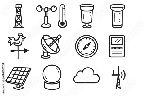 Meteorological Equipment set of icons in doodle hand-drawn vector style: weather tower, anemometer, thermometer, rain gauge, wind vane, satellite dish, barometer, data logger,