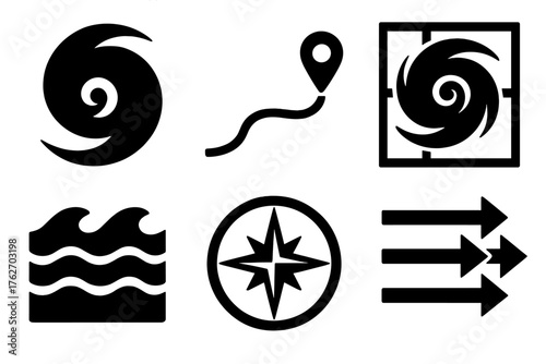 Hurricane Path silhouette set: cyclone icon, route line, satellite view, ocean waves, compass, wind arrows.