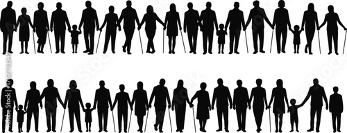 Inclusive community, diverse people, unity in silhouette, intergenerational connection, disability representation, children, elderly, support, equality, teamwork, solidarity, humanity, friendship, 