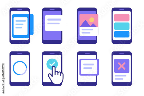 App Flow Animations flat icons: slide-left screen, fade-in window, dynamic card, parallax effect, progress animation, interactive icon, expanding frame, close button.