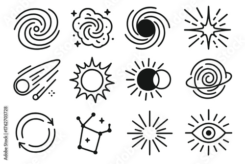 Cosmic Rebirth outline icon set: galaxy, nebula, black hole, star birth, comet, solar flare, eclipse, planet orbit, meteor shower, pulsar, radiant sun, spiral portal, time loop,