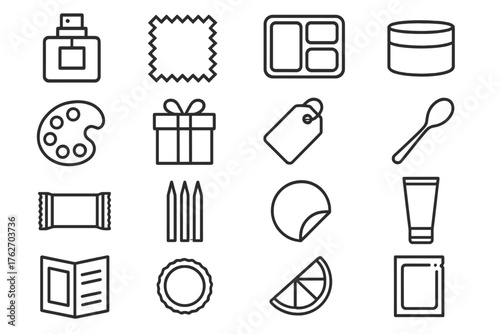 Product Sample outline icon set: perfume bottle, fabric swatch, food tray, cosmetic jar, paint palette, gift box, label tag, spoon, snack bar, tester strip, sticker, hand cream,
