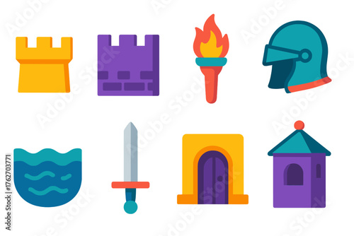 Fortress flat icons: battlement, fortress wall, torch, helmet, moat, sword, arched door, guard post.