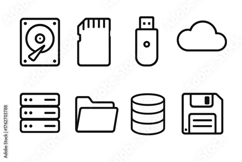 Digital Memory outline icon set: hard drive, memory card, USB stick, cloud storage, floppy disk, server rack, file folder, database cylinder.