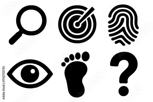 Search detection silhouette set: magnifying glass, radar, fingerprint, eye, footprint, question mark.