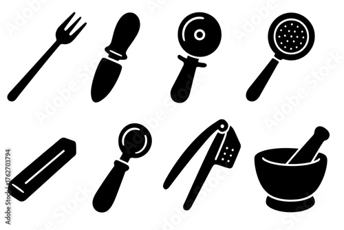 Specialty Utensils silhouette set: fondue fork, oyster shucker, pizza cutter, tea strainer, chopstick rest, ice cream scoop, garlic press, mortar and pestle.