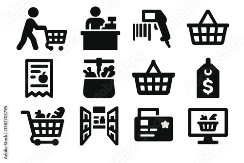 Groceries Shopping silhouette set: person with cart, checkout counter, barcode scan, grocery receipt, bagging station, handheld basket, cart with produce, store aisle, price tag,