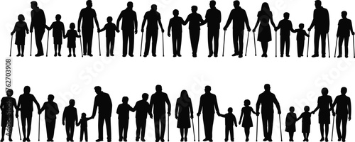 Diverse people silhouettes, unity concept, generations together, community support, inclusive society, family bond, human connection, equality, teamwork, social harmony, peace