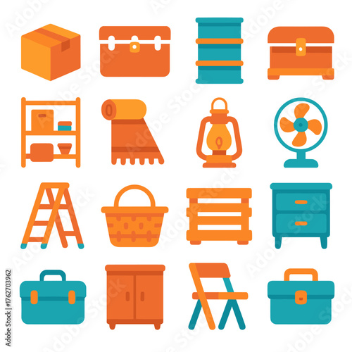 Storage Basement flat icons: cardboard box, trunk, barrel, chest, shelf, rug, old lamp, fan, ladder, basket, crate, furniture, suitcase, cabinet, folded chair, toolbox.