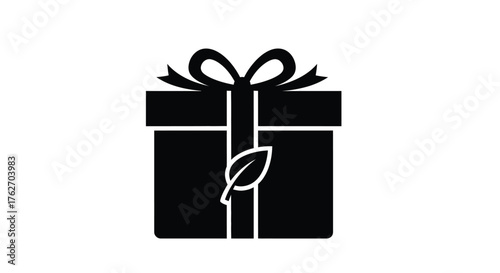 A beautifully wrapped gift with a bow and leaf black silhouette