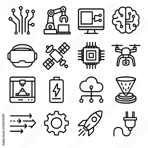 Technological Progress outline icon set: circuit board, robot arm, digital screen, AI brain, VR headset, satellite, microchip, drone, 3D printer, battery charge, cloud network,