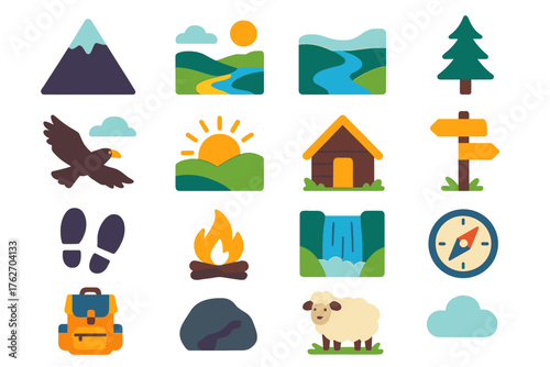 Highlands flat icons: mountain peak, valley, river, pine tree, eagle, sunrise, hut, trail sign, footprints, campfire, waterfall, compass, backpack, stone, sheep, cloud.