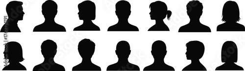 Human head silhouettes, diverse profiles, male and female, hairstyle variety, facial structure, identity concept, design element, people icons, diversity