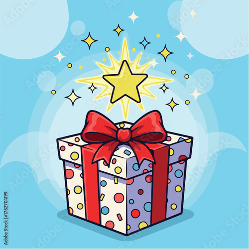 Festive Gift Box Illustration with Red Bow and Glowing Star