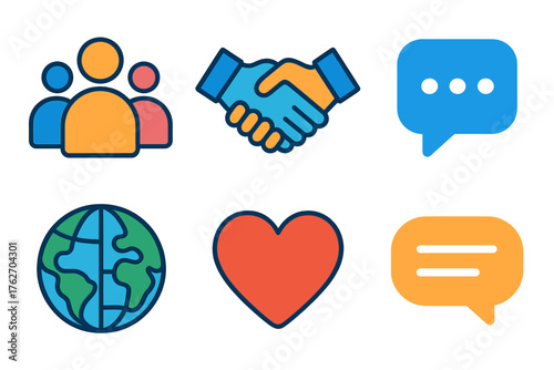 Social network flat icons: people group, handshake, chat bubble, globe, heart, speech lines.