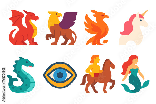 Mythical Creatures flat icons: dragon, griffin, phoenix, unicorn, sea serpent, cyclops eye, centaur, mermaid.