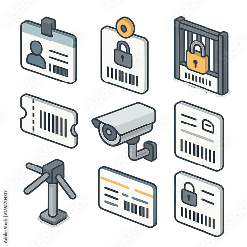 Security Barcode set icons in modern isometric flat vector style: ID card, access badge, locked gate, ticket stub, turnstile, surveillance camera, boarding pass, secure document.