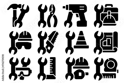 Wrench Tools silhouette set: wrench with hammer, wrench with pliers, wrench with drill, wrench with toolbox, wrench with helmet, wrench with saw, wrench with construction cone,