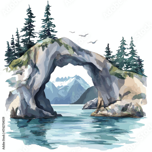 Kenai Fjords National Park. Kenai Fjords National Park hand drawn watercolor illustration