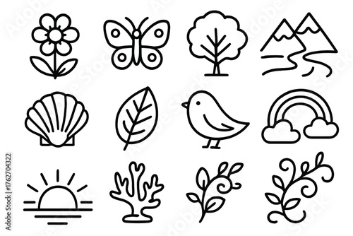 Nature creativity outline icon set: flower, butterfly, tree, river, mountain, seashell, leaf, bird, rainbow, sunrise, coral, vine.