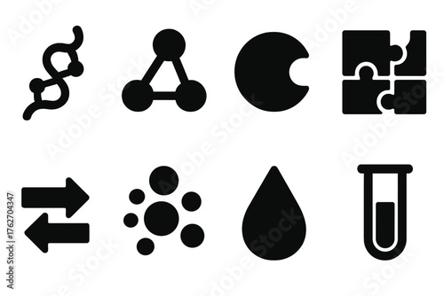 Enzyme silhouette set: protein chain, molecular bonds, active site pocket, puzzle piece fit, chemical reaction arrows, atom cluster, droplet, test tube.