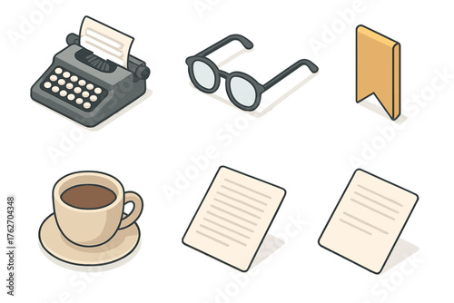 Literary prologue set icons in modern isometric flat vector style: typewriter, glasses, bookmark, coffee cup, document, page.