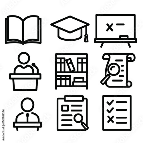 Academic Conference outline icon set: open book, graduation cap, chalkboard, scroll, podium speaker, library shelf, research notes, test paper.