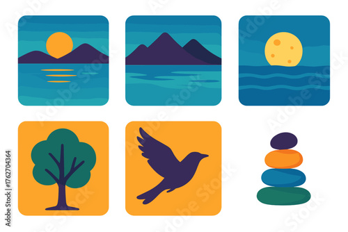Nature Calm flat icons: still lake, mountain horizon, gentle waves, moon over water, soft cloud, tree silhouette, bird in flight, pebble stack.