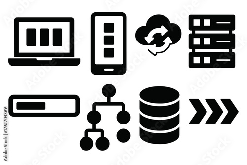 Digital Queue silhouette set: laptop screen, smartphone, loading bar, cloud sync, server rack, algorithm nodes, database cylinder, progress arrows.