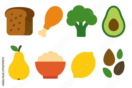 Nutrition flat icons: whole grain bread, chicken drumstick, broccoli, avocado, seeds, pear, oatmeal bowl, lemon.