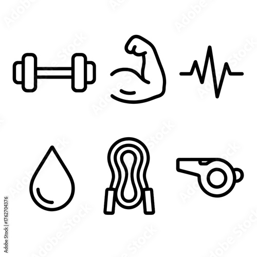 Physical stamina outline icon set: dumbbell, flexed arm, heartbeat line, sweat droplet, rope, whistle.