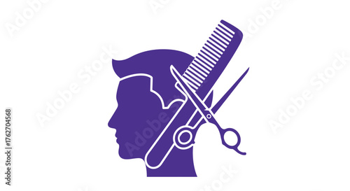 Purple hair cutting tools with a female head profile silhouette