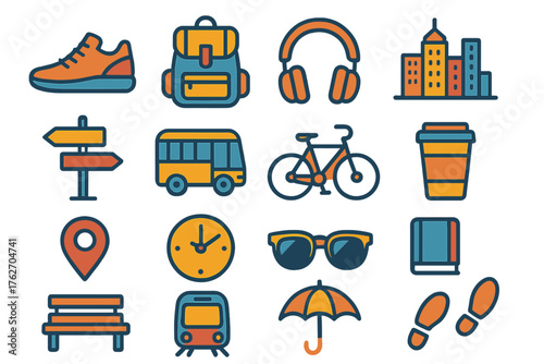 Urban Wanderer flat icons: sneakers, backpack, headphones, city skyline, street sign, bus, bicycle, coffee cup, map pin, clock, sunglasses, book, bench, train, umbrella, footprints
