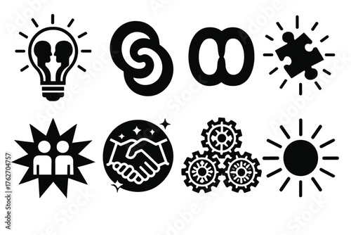 Creative partnership silhouette set: lightbulb with two heads, abstract swirl connection, infinity loop, glowing puzzle pieces, starburst collaboration, cosmic handshake, ornate