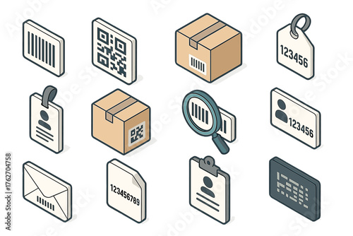 Tracking ID Basics set icons in modern isometric flat vector style: barcode icon, QR code, package with barcode, label with numbers, ID tag, shipping box with code, magnifying