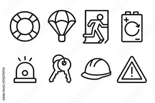 Safety Redundancy outline icon set: lifebuoy, parachute, emergency exit, backup battery, alarm bell, duplicate key, safety helmet, warning triangle.