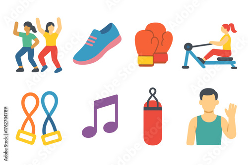 Group Exercise flat icons: aerobics class, dance shoes, boxing gloves, rowing machine, resistance bands, gym music note, punching bag, instructor figure.