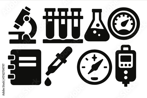 Scientific Measurement silhouette set: microscope, test tubes, chemical flask, gauge dial, lab notebook, pipette, barometer, digital sensor.
