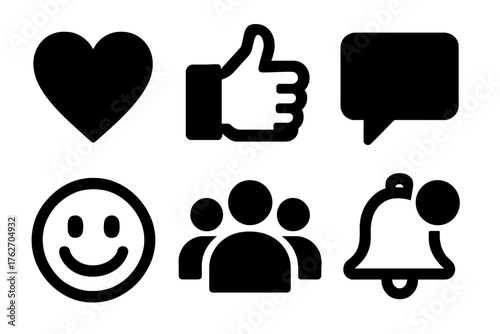 Social blurb silhouette set: heart, thumbs up, comment bubble, smiley face, people group, notification.