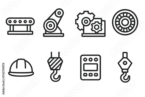 Industrial Tensioner outline icon set: conveyor belt, rotating drum, gearbox, bearing, factory machine, safety helmet, crane hook, control panel.