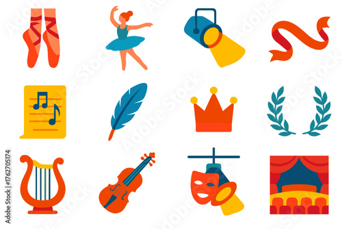 Ballet Dancer flat icons: ballet shoes, ballerina figure, tutu dress, stage spotlight, ribbon, music sheet, feather, crown, laurel wreath, harp, violin, mask, spotlight, concert