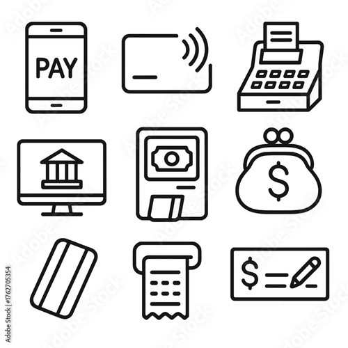 Payment outline icon set: mobile phone with pay symbol, contactless card, cash register, online banking screen, ATM, coin purse, card swipe, check.